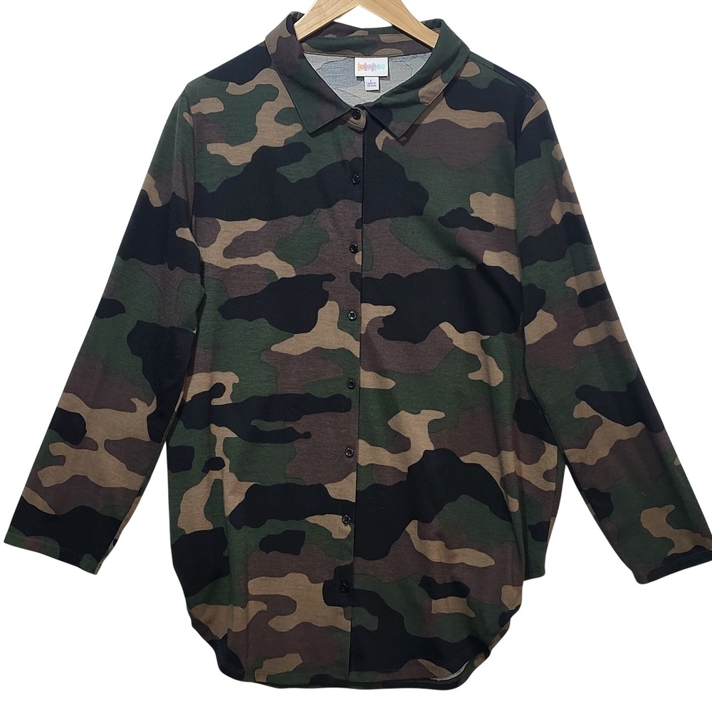 LuLaRoe‎ Womens Camo Button Down Shirt Green Camouflage Roll Tab Sleeve Large